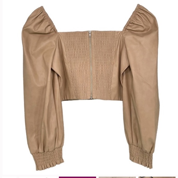 7 FOR ALL MANKIND Vegan Leather Blouson Crop Long Sleeve Top Puff Shoulder Small - Picture 3 of 5